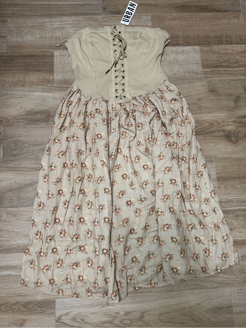 Urban Outfitters Ecote Strapless Lace-Up Tan Floral Midi NWT SIZE XL $79 - Picture 2 of 8
